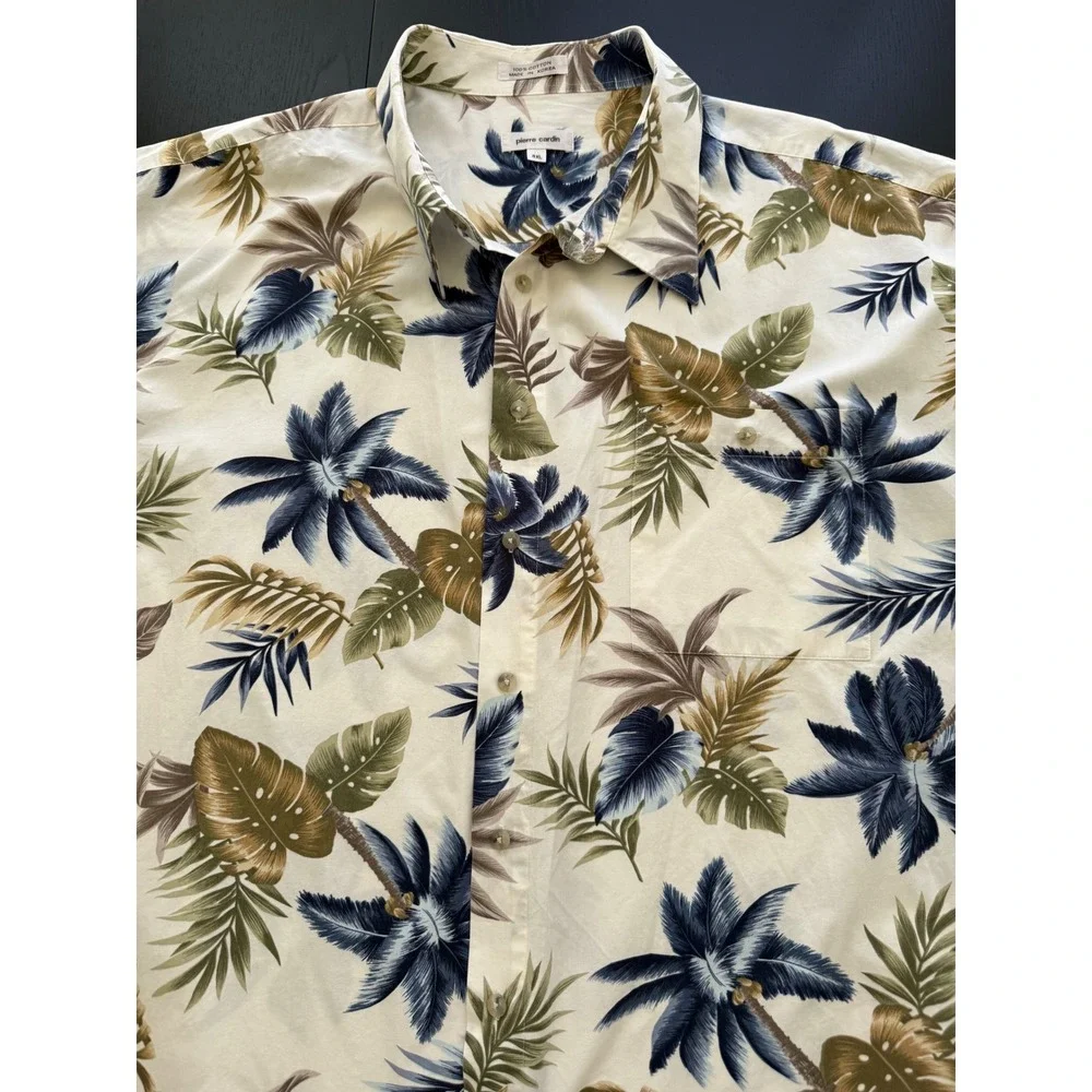 Pierre Cardin Mens Tropical Camp Shirt Size 4XL Cream Short Sleeve Button Down